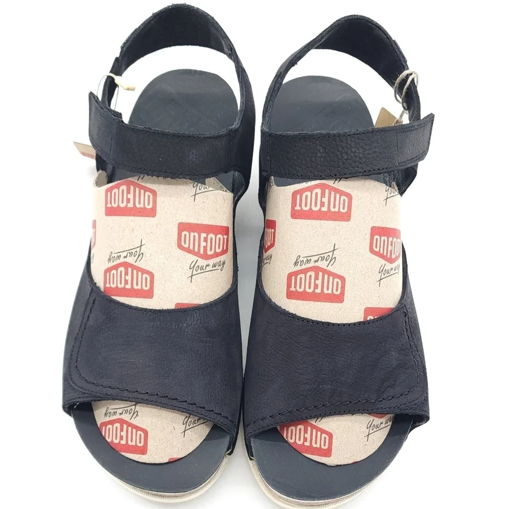 On Foot Wedge Casual Comfort Sandal Black Suede Leather Size 41 US 9.5